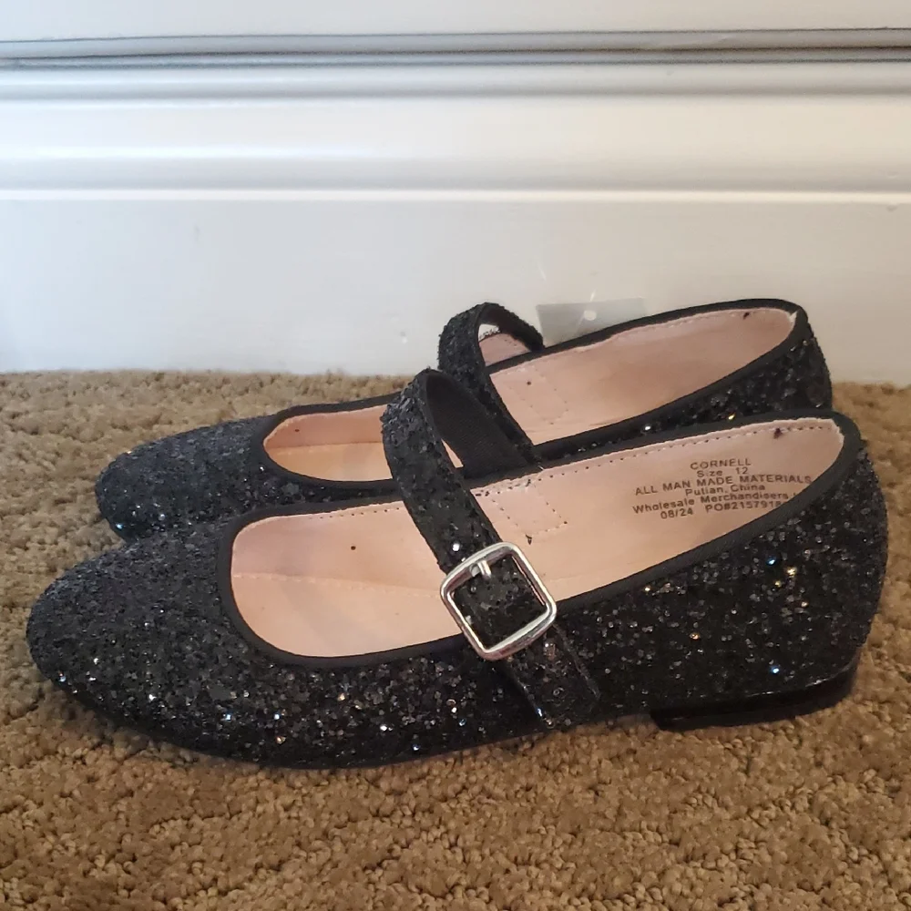 Girls Falls Creek Black Glitter Dress Flats w Strap Size 1 Dress Shoes NWT